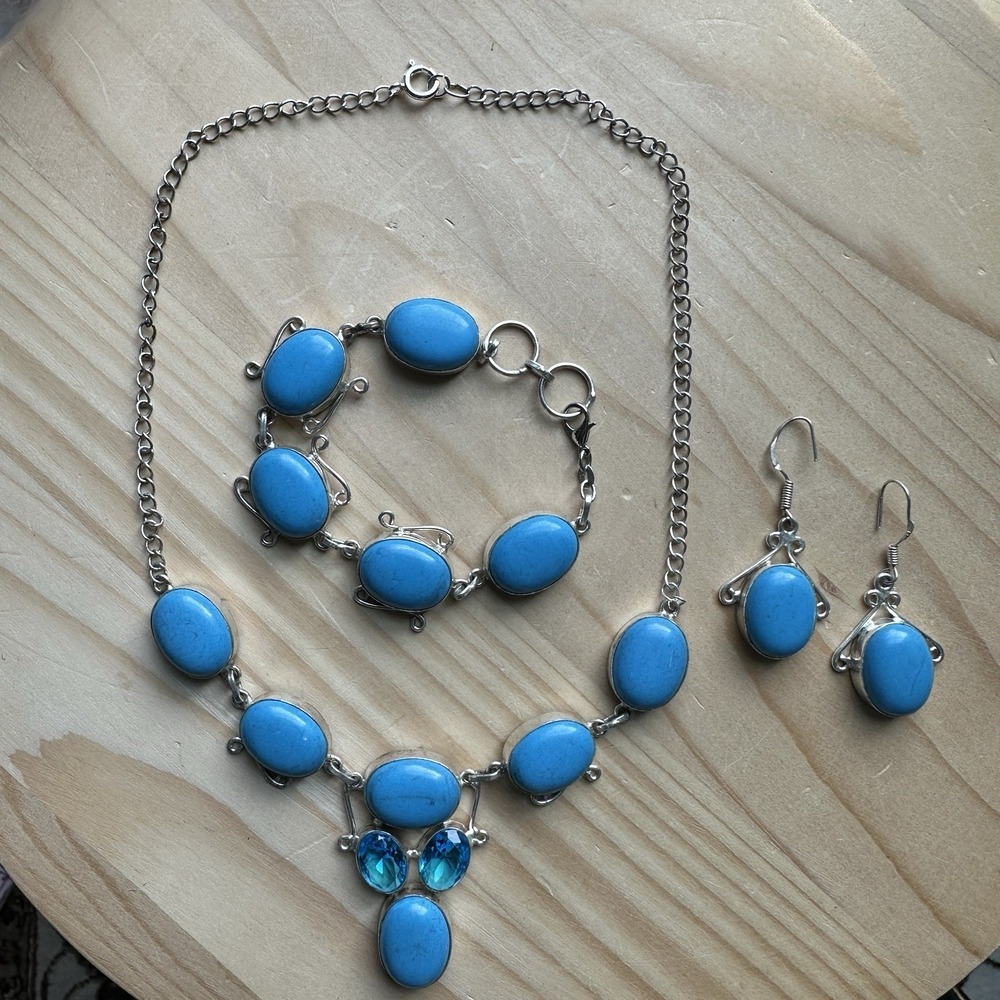 VTG Necklace 18.5 Inch Earrings Bracelet Faux Turquoise Glass 925 Sterling 68.3g